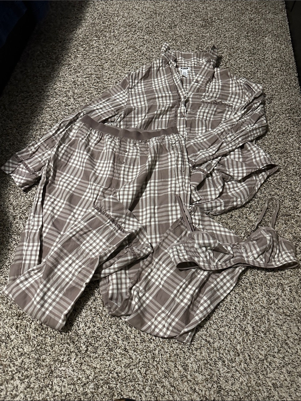 PINK Victoria's Secret Taupe & White Plaid Pajama Set with Bralette